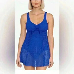 Swim Solutions Women Support One Piece Cobalt Blue Crochet Tummy Control size 18